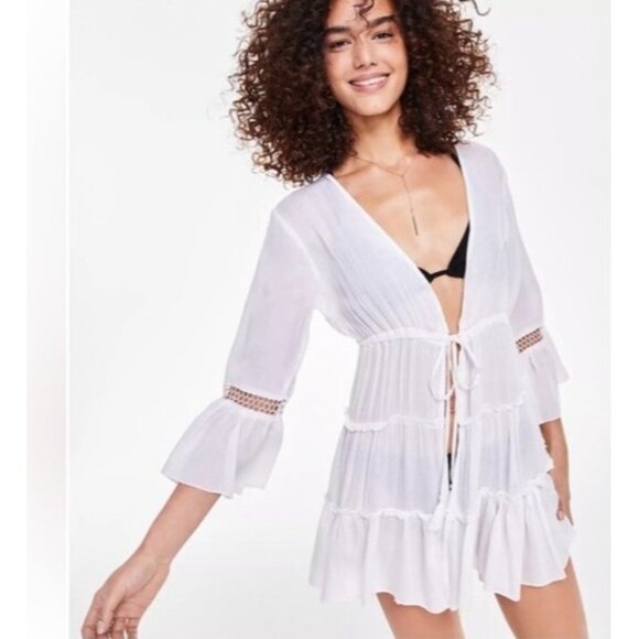 Raviya Plus White Open-Front Cover-up Women's Swimsuit eyelet Size 1X Bell - Picture 2 of 5